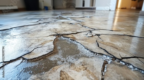 A cracked cement floor with water seeping through, creating a dramatic and aged look.