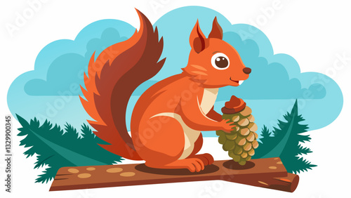 A red squirrel sitting on a log, nibbling on a pinecone, with its fluffy tail raised high.