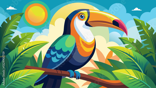 A colorful toucan perched on a vine, with its large beak shining under the sunlight.