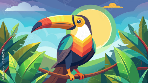 A colorful toucan perched on a vine, with its large beak shining under the sunlight.