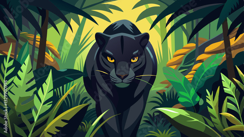 A black panther stealthily walking through dense jungle foliage, with piercing yellow eyes.