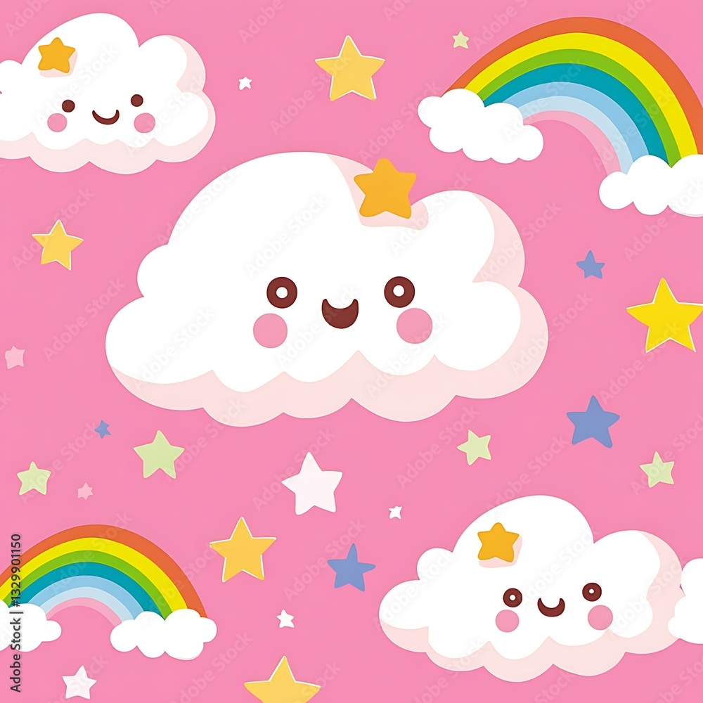 Cute cartoon clouds, rainbows, stars on pink. Cute cartoon clouds, rainbows, stars on pink.