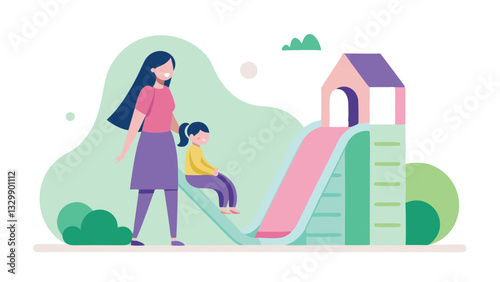Mother's Day Joy: A heartwarming flat color illustration of a mother and daughter sharing a joyful slide ride, symbolizing the unbreakable bond of love and cherished memories.     