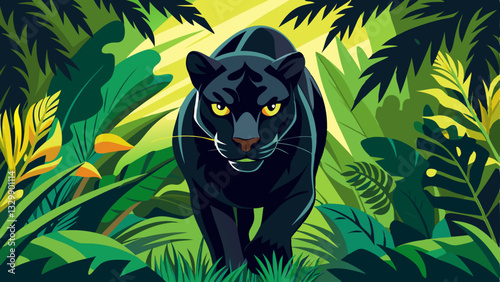 A black panther stealthily walking through dense jungle foliage, with piercing yellow eyes.
