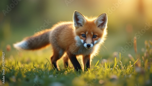 A captivating close-up of a young fox exploring a sunlit meadow, showcasing its inquisitive nature and the vibrant colors of its fur.