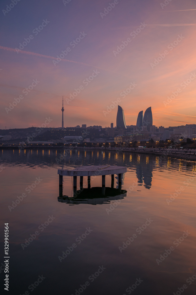 Fototapeta premium 08.03.2025, Baku, Azerbaijan, sunset on the embankment