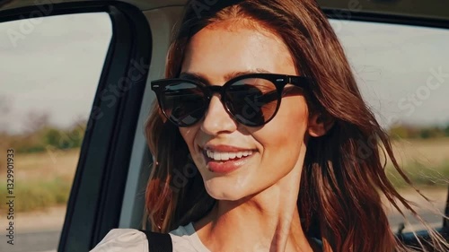 Closeup of a beautiful happy young woman in sunglasses driving a car in spring or summer.