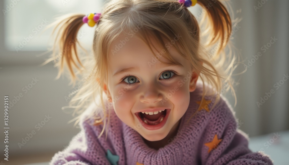Happy Little Girl with Blonde Hair in Pigtails Smiling Brightly at the Camera Happy Little Girl with Blonde Hair in Pigtails Smiling Brightly at the Camera