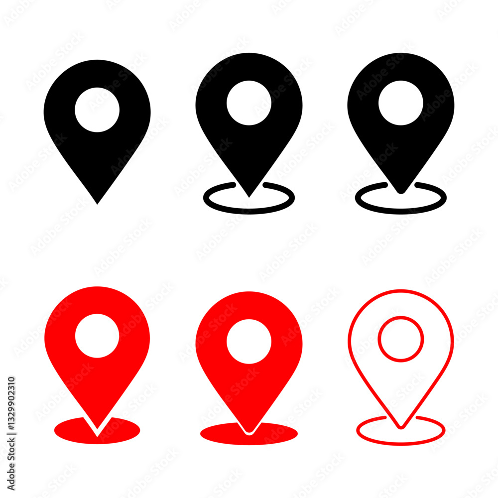 Location pins in black and red colors Set of location pin icon vector