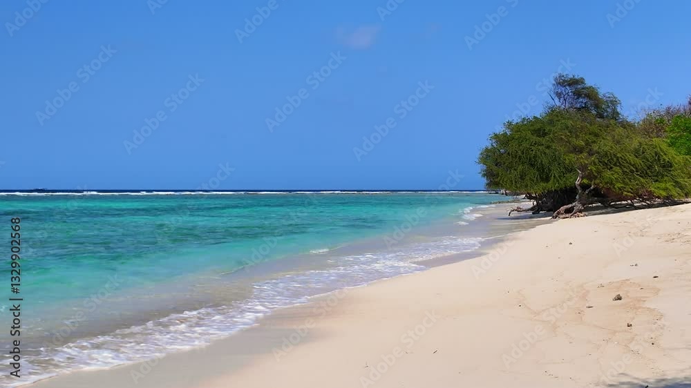 ocean coast with trees on tropical beach, turquoise sea water. Gili island Indonesia. Ideal for relaxation themes, vacation vibes and peaceful escape imagery