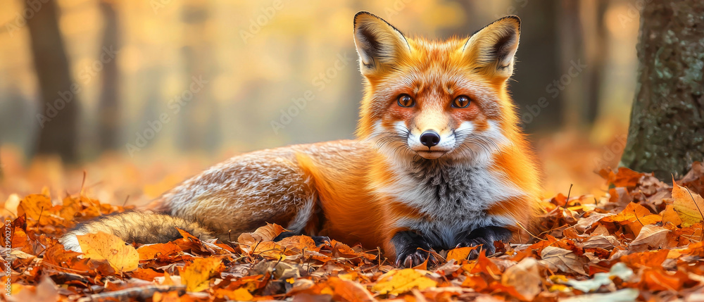 Obraz premium Red fox resting amidst autumn leaves