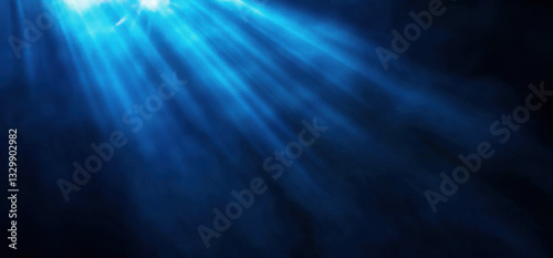 Blue beam of light illuminating dark background, creating serene atmosphere. soft rays evoke sense of calm and mystery, perfect for various creative projects