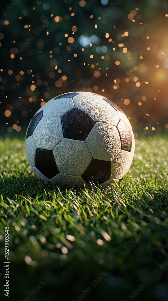 Fototapeta premium Photorealistic soccer ball on grass with bold contrast and depth