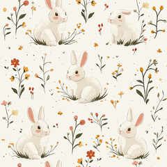 Fototapete Aquarell-Muster-Set 1 Cute spring seamless pattern with hares with flowers on a white background. For the holiday bright Easter  © BloomPix
