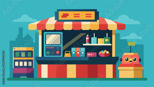 A merchandise booth selling retro toys and collectibles from popular cartoons and TV shows of the 80s and 90s.. Vector illustration