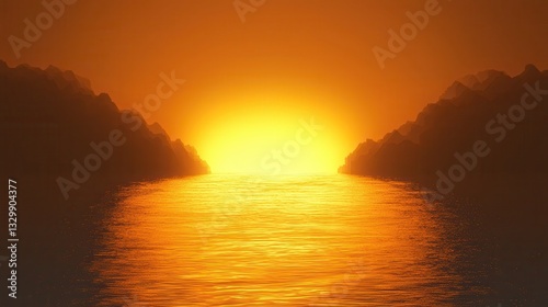 Golden Sunset over Calm Ocean Between Mountainous Shores
