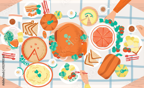 Thanksgiving festive dinner. Tasty traditional holiday meals lying on plates and hands of people eating them. Decorated table with delicious dishes, top view. Colored cartoon vector illustration.