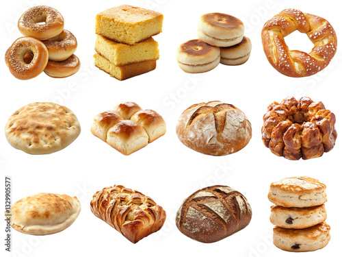 Fotografie Freshly Baked Varied Bread Selection Displayed on White Background with Pastries, Sweet Breads, and Savory Delights Perfect for Food Lovers