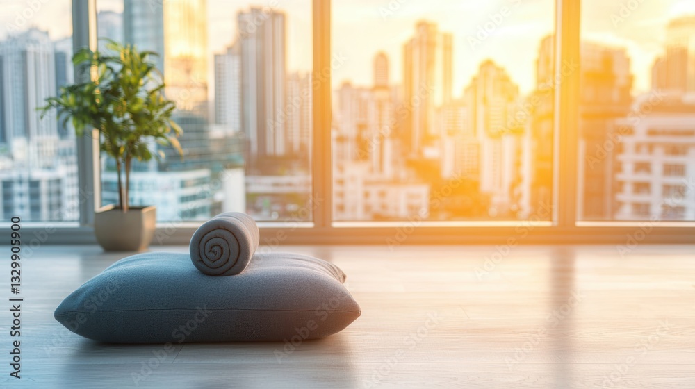 Serene Cityscape View with Rolled Towel and Cushion Serene Cityscape View with Rolled Towel and Cushion