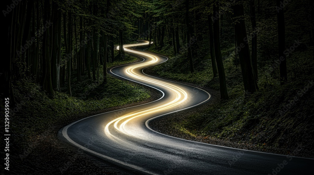 Night drive on winding road curves through lush forest long exposure photography serene environment captivating view Night drive on winding road curves through lush forest long exposure photography serene environment captivating view
