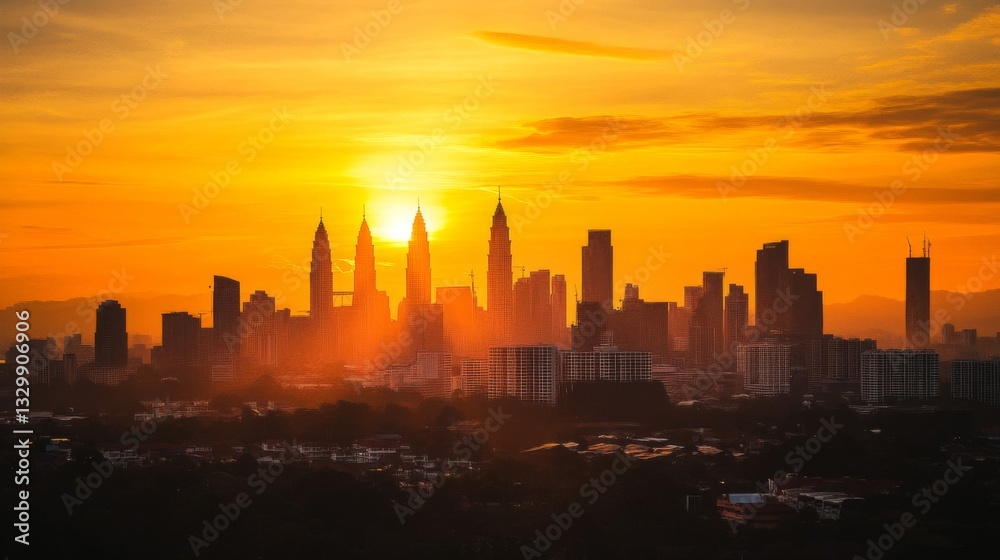 Obraz premium Orange Sunset Over City Skyline