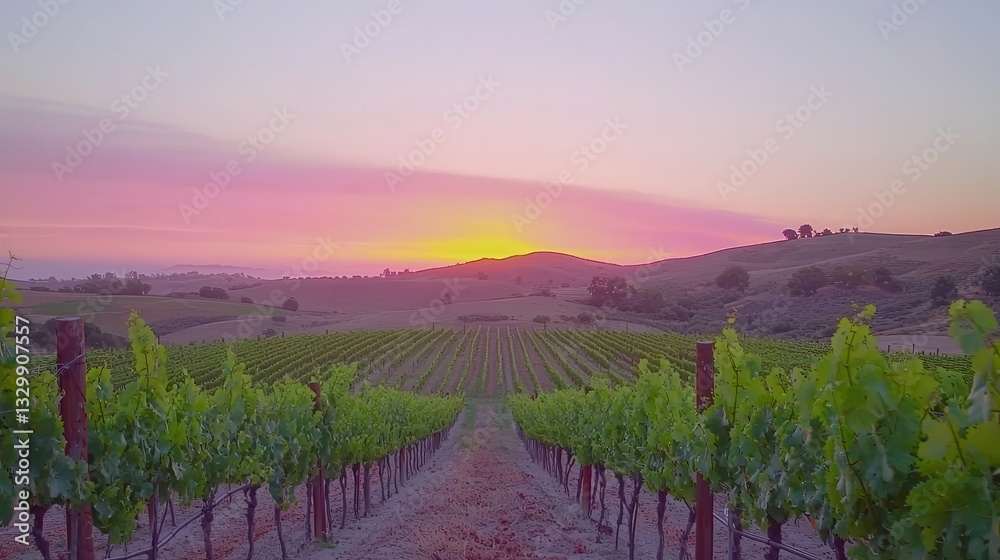Naklejka premium Vineyard Sunset Rows of Vines at Golden Hour