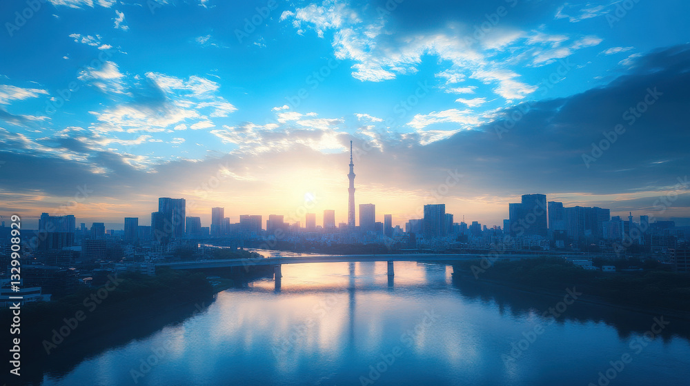 Naklejka premium stunning high angle view of Japanese city skyline at sunrise, showcasing iconic tower and serene river reflecting vibrant colors of sky