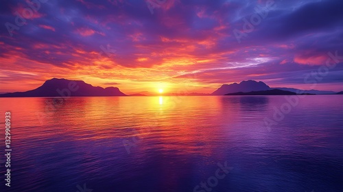Vibrant Sunset Over a Calm Ocean with Silhouetted Distant Islands – Generative AI