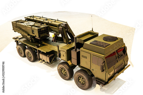 Military cars, trucks, models on a white background, at a military exhibition in Baku, Azerbaijan