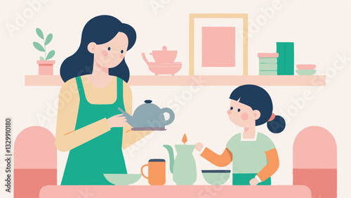 Modern Mother's Day Tea Party: A Flat Color Illustration of a Happy Mom and Daughter Enjoying a Stylish Afternoon Tea Celebration. Perfect for cards, websites, and social media,   