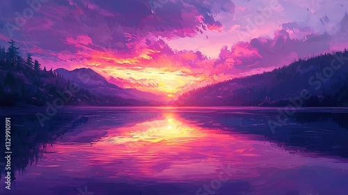 Serene, vibrant sunset over a calm lake reflecting the fiery sky.