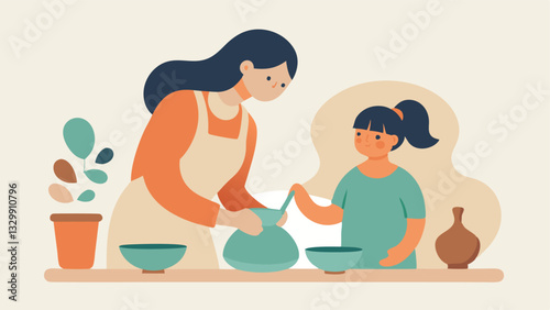 Mother's Day: A heartwarming flat-color illustration of a mother and daughter bonding over pottery, showcasing their love and shared creativity in a contemporary setting. Perfect  