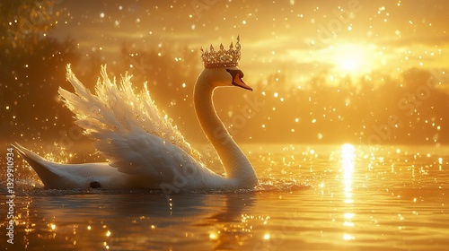 Fototapeta Naklejka Na Ścianę i Meble -  Majestic Swan in Golden Sunrise over Water