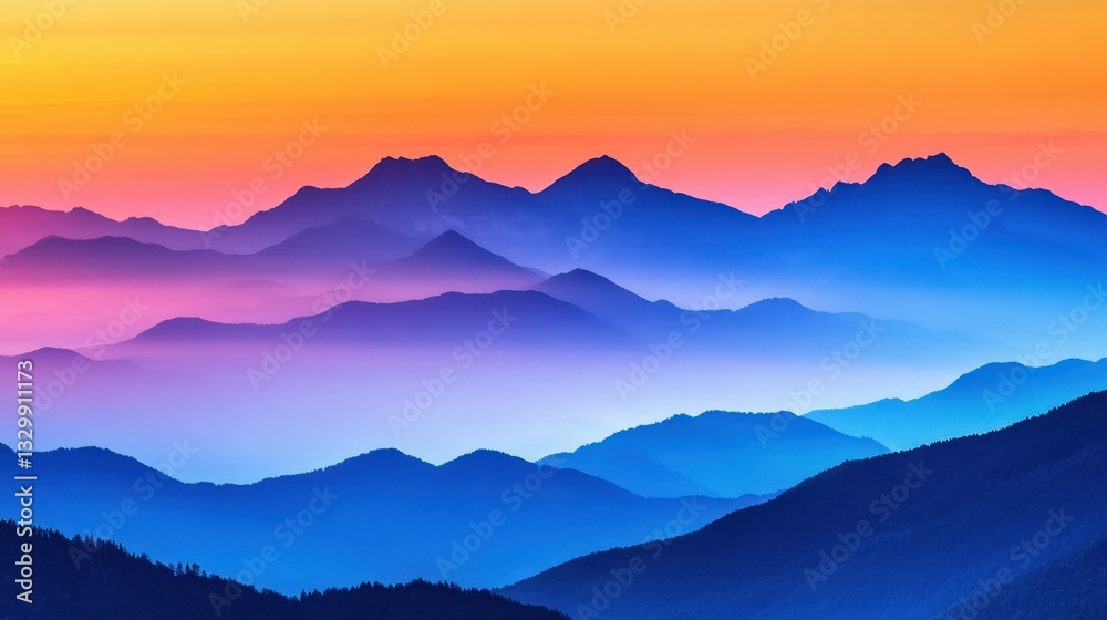 Fototapeta premium Breathtaking view of a serene sunset over layered mountains, showcasing vibrant colors in the sky. This tranquil scene captures the beauty of nature at twilight.