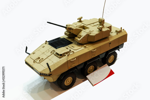 Military cars, trucks, models on a white background, at a military exhibition in Baku, Azerbaijan