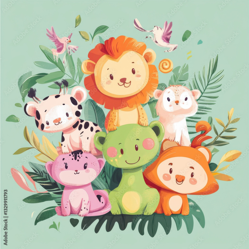 Fototapeta premium animals, icon, wild , forest, characters, child, children , cute, concept art, baby, baby room, toddler, paint , wall, 