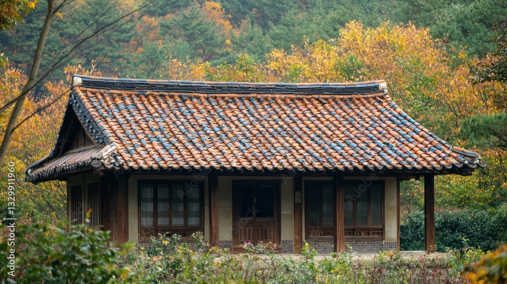 A traditional house with a ceramic-tiled roof in a countryside setting, surrounded by trees. A traditional house with a ceramic-tiled roof in a countryside setting, surrounded by trees.