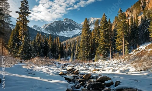 Majestic winter landscape with snow-covered mountains and pine trees