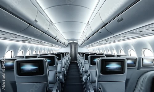Modern airplane interior showcasing spacious seating and overhead compartments