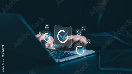 Answer the test questions, Online survey exam Choosing the right answer in the exam, Businessman take an assessment, Check list, Questionnaire, Filling out an online survey form,Audit business concept