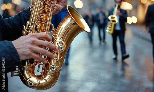 Musician playing saxophone on a bustling city street at twilight