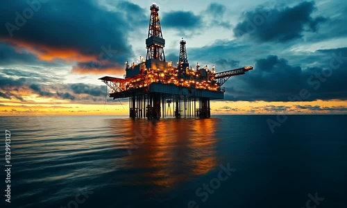 Offshore oil rig illuminated at sunset, reflecting on calm waters