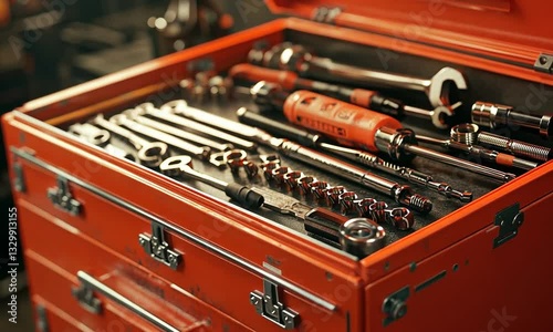 Organized toolbox filled with various hand tools in a workshop setting