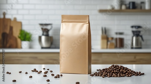 Gold coffee bag mockup on kitchen counter.