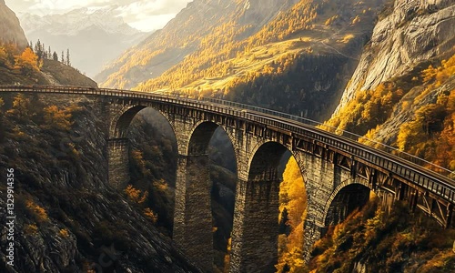 Scenic autumn landscape featuring a historic railway bridge in a valley