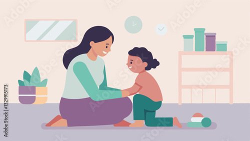 Mother's Day Love: A heartwarming illustration of a mother comforting her child in a bright, modern playroom. Perfect for Mother's Day cards, blogs, websites, and social media     