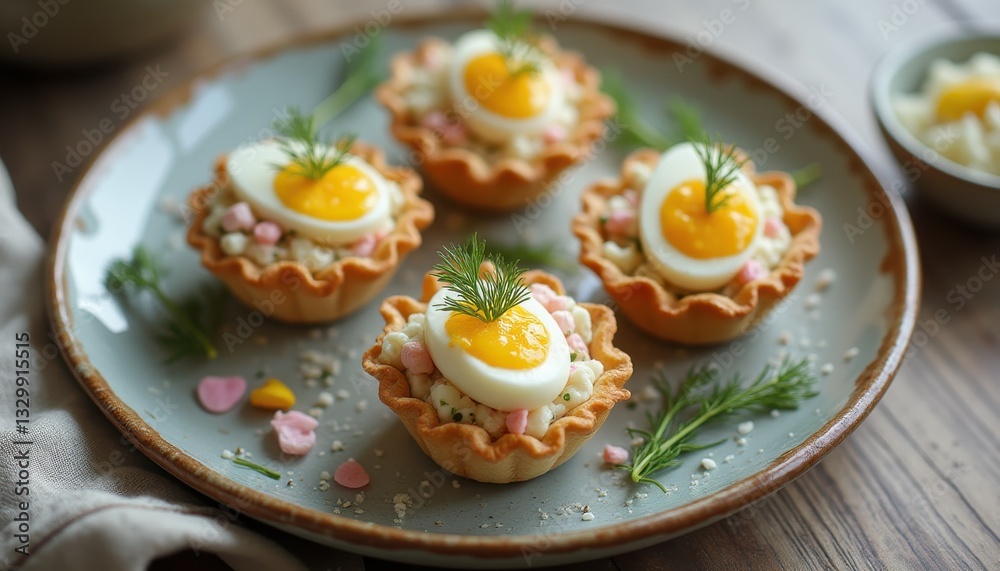 Quail Egg Tartlets with Salad Filling and Dill Garnish on Blue Plate - Gourmet Appetizer Quail Egg Tartlets with Salad Filling and Dill Garnish on Blue Plate - Gourmet Appetizer