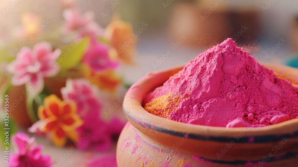 Happy holi, Vibrant pink powder in clay pot, colorful flowers surrounding, perfect for festive celebrations or crafting projects. Happy holi, Vibrant pink powder in clay pot, colorful flowers surrounding, perfect for festive celebrations or crafting projects.