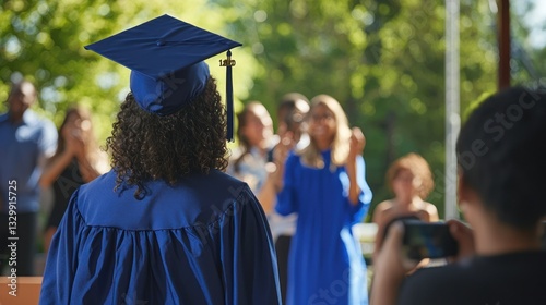 A graduate receiving their diploma on stage while family members cheer and take pictures.