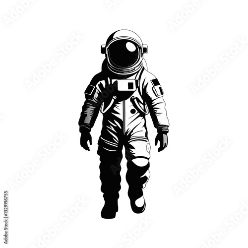 Black and white silhouette illustration of an Astronaut exploring the surface of an alien planet in a space suit with a reflective helmet